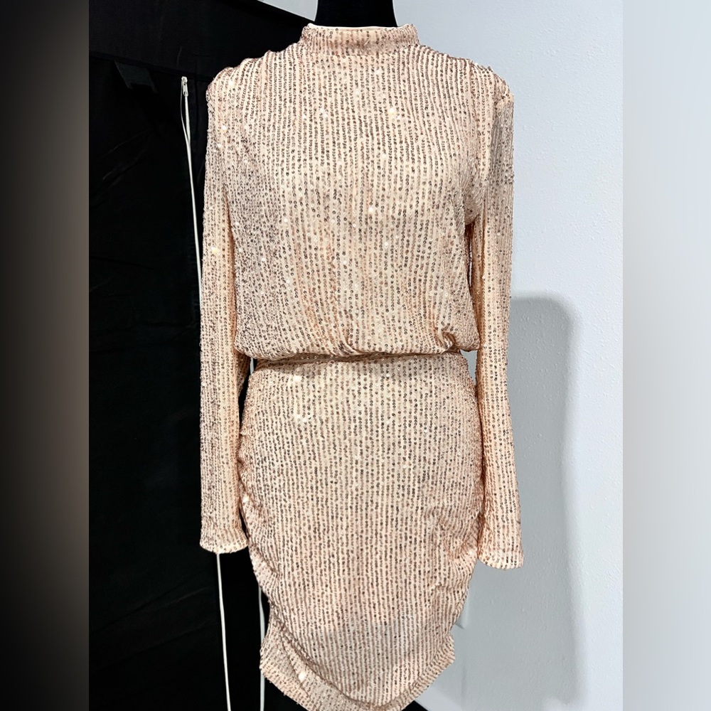 SHEIN mock neck ruched sequins dress; champagne color